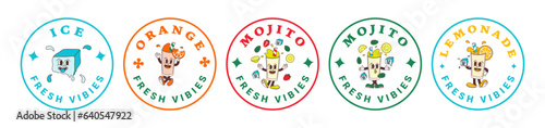 Set of stickers characters of fruit drink from orange, lemonade, classic and strawberry mojito, ice cube. Isolated vector labels of mascots in groovy comic style on transparent background