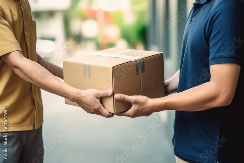 Asian man receiving delivery boxes from a professional deliveryman at home. It represents the concept of delivery and emphasizes reliable delivery services.   Generative AI © lee