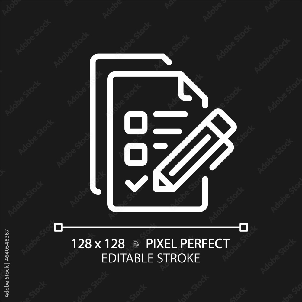 2D pixel perfect editable white checklist icon, isolated vector, thin line document illustration. 2D pixel perfect editable white checklist icon, isolated vector, thin line document illustration.