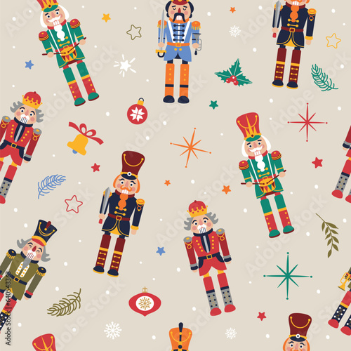 Seamless Christmas Pattern with Nutcrackers in Vector on beige.