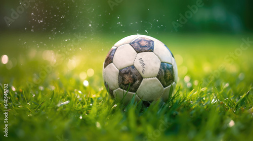Close-up of a soccer ball on the vibrant green field © didiksaputra