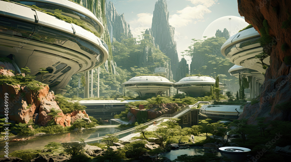 Deserted space colony with overgrown vegetation