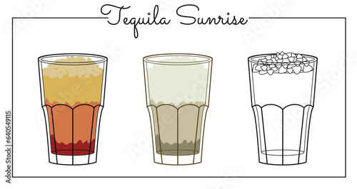 Alcohol drinks line art illustration. Vector illustration Tequila sunrise
