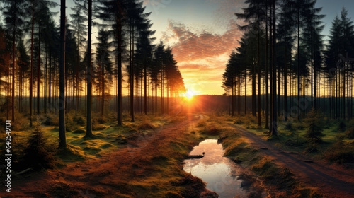 Panoramic view of sunbeams through the trees in the forest