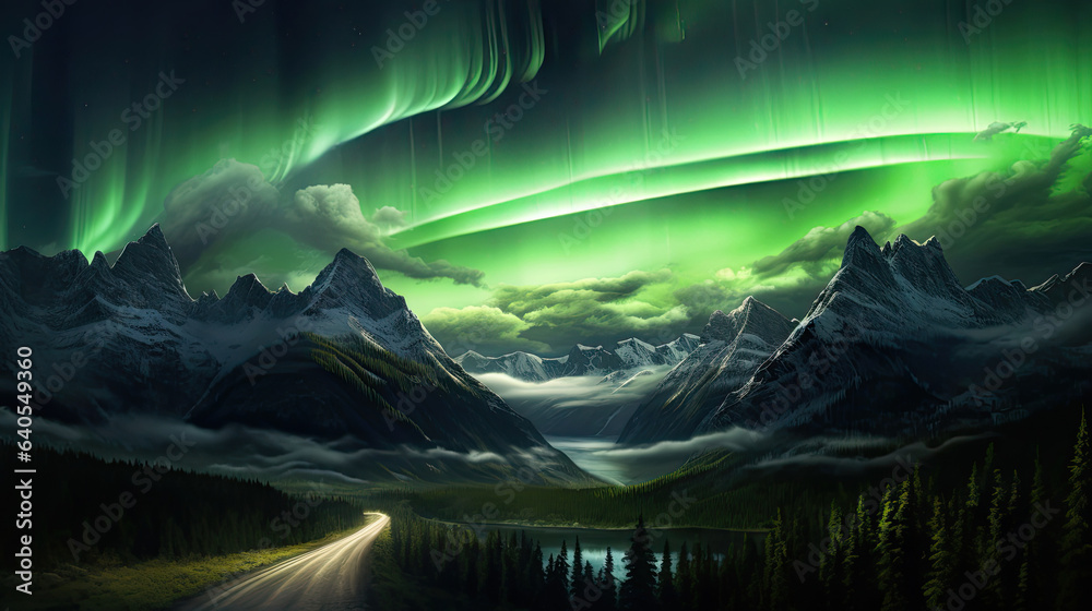 Mountain pass illuminated by the aurora borealis