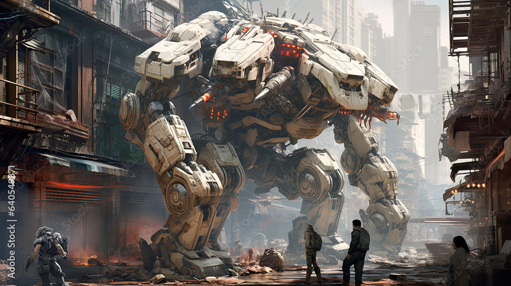 Giant mechs patrolling a dystopian city