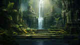 Jungle temple hidden behind cascading waterfalls