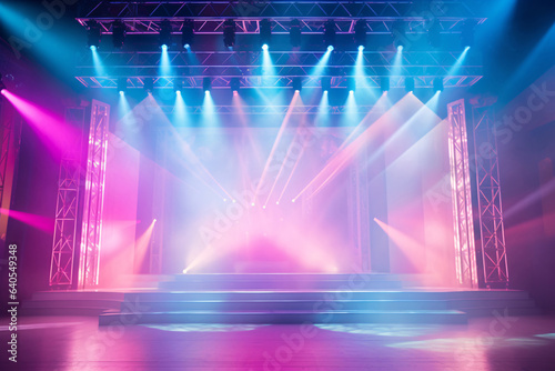 Event stage light background with spotlight illuminated stage for concert performance show. Stage with pastel colors backdrop decoration. Entertainment show. Theatrical productions.
