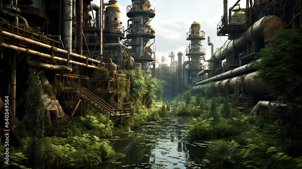 Forgotten steampunk factory amidst overgrowth