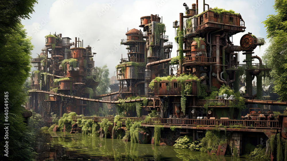 Forgotten steampunk factory amidst overgrowth