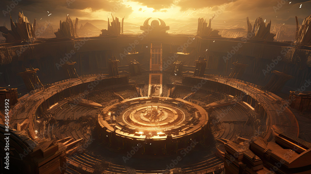 Futuristic gladiatorial arena with advanced weaponry
