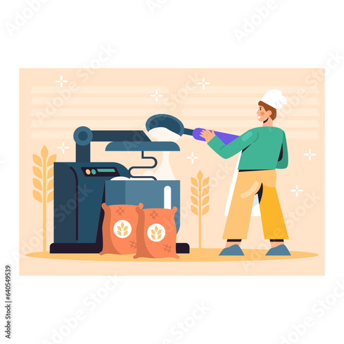 Professional young worker in uniform holding big spoon and pouring flour in big mixer. Process of kneading flour for baking bread in factory. Colorful vector illustration in blue and yellow colors