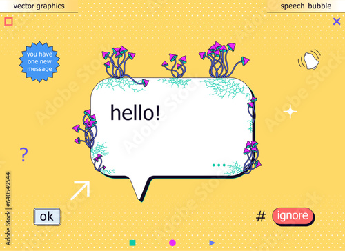 Creative speech bubble. Symbolizes various communication problems in social networks and the Internet. Cartoon message frame with thickets of toadstools and infested fungus.
