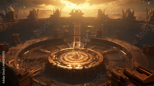 Futuristic gladiatorial arena with advanced weaponry