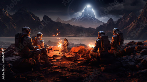 Nomadic space travelers around a campfire on an alien world