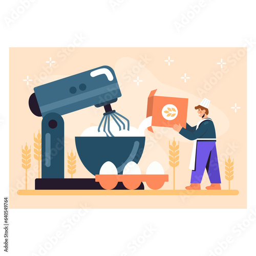 Professional male baker holding box with flour and pours it in plate with mixer. Cooking process with modern equipment. Vector illustration in blue and orange colors in cartoon style