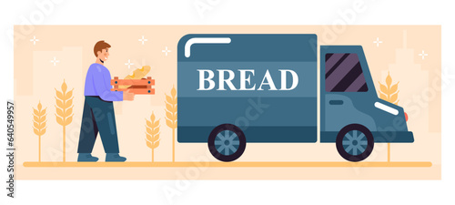 Professional young loader carry box with loafs to car. Loading bakery products to truck. Delivery production to store concept. Vector illustration in orange and blue colors in cartoon style