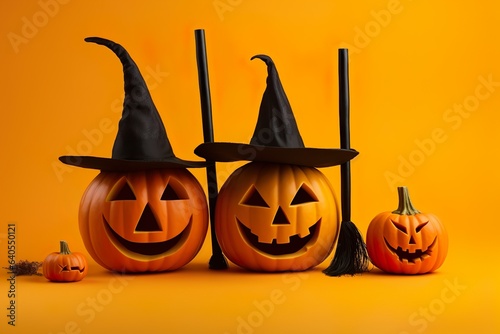 Smiling pumpkin and jac-o-lantern in witch hat on yellow studio background  photo