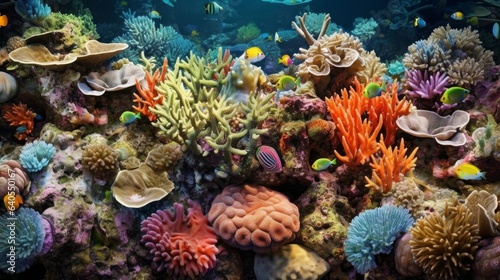 Colorful coral reef with diverse marine life. AI generated