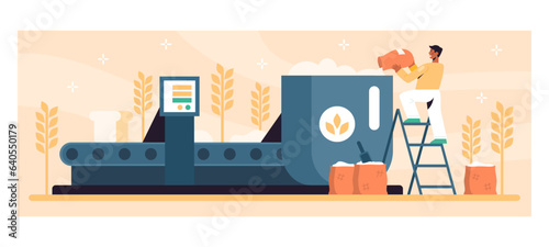 American man standing on stairs near big machine, holding bag with flour in pour it in container. Baking fresh and quality bread in bakery on special equipment. Vector Illustration in cartoon style