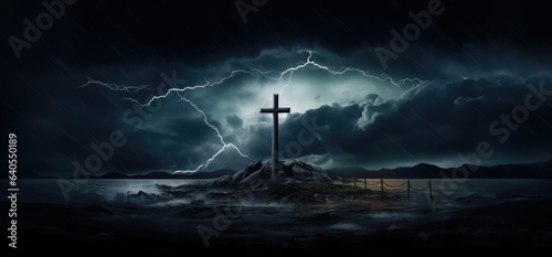 Conceptual image of christian cross in water with stormy sky