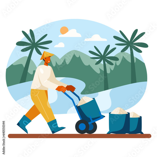 Asian male in uniform and protective hat carry cart with boxes with rice, working on rice plantation. Cultivation and production of rice concept. Flat vector illustration in cartoon style