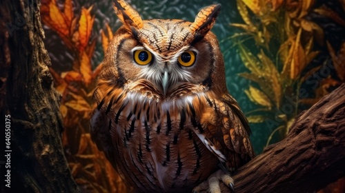 Curious Owl Perched on a Branch. AI generated © PandaStockArt