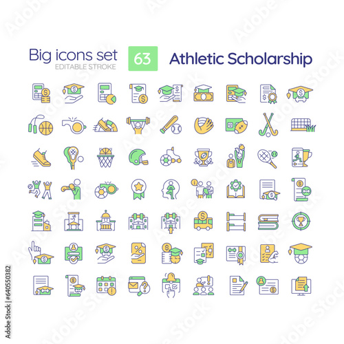 2D editable multicolor big line icons set representing athletic scholarship, isolated vector, linear illustration.