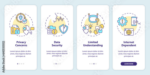 2D icons representing voice assistant mobile app screen set. Walkthrough 4 steps colorful graphic instructions with thin line icons concept, UI, UX, GUI template.