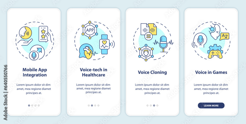 2D icons representing voice assistant mobile app screen set. Walkthrough 4 steps multicolor graphic instructions with thin line icons concept, UI, UX, GUI template.