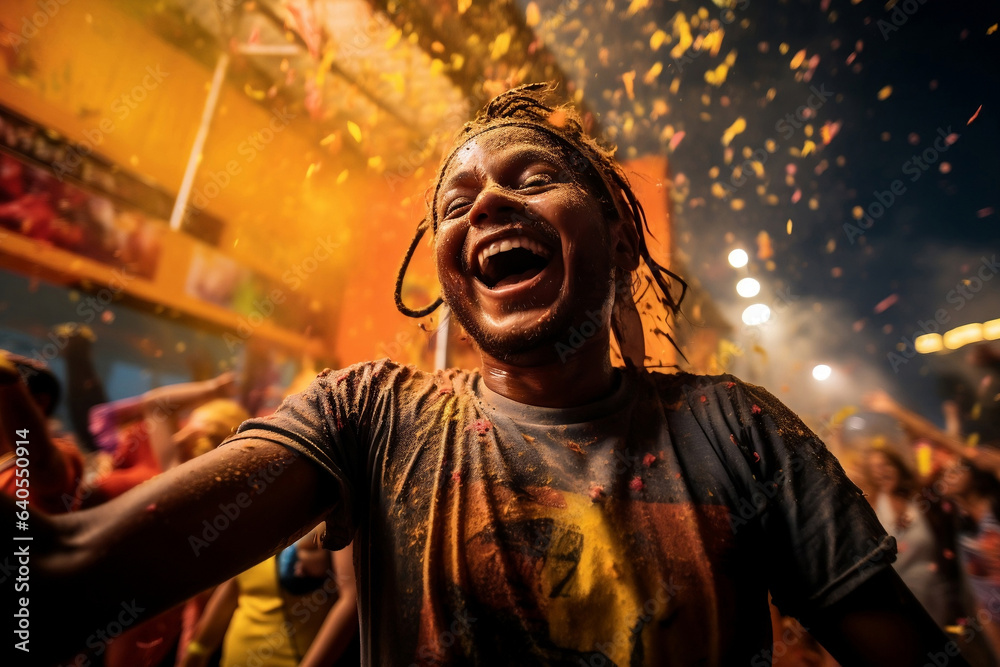 Close-up View of a Person Laughing and Trying to take a selfie at a Local Festival. Framing the Vibrant Chaos of Colors, Smiles, and Celebrations. Festive Euphoria.