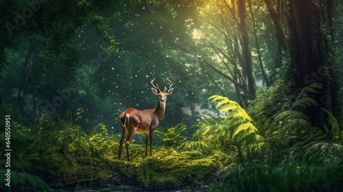 Deer in a natural forest setting, surrounded by lush greenery. AI generated