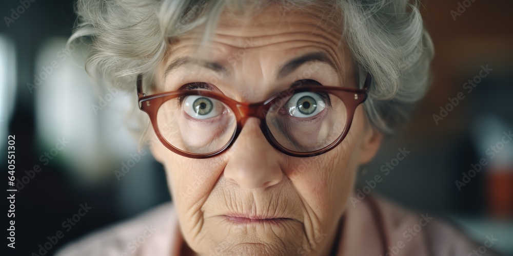 AI Generated. AI Generative. Old woman teacher in glasses looking at camera with crazy fun portrait face. Graphic Art AI Generated. AI Generative. Old woman teacher in glasses looking at camera with crazy fun portrait face. Graphic Art
