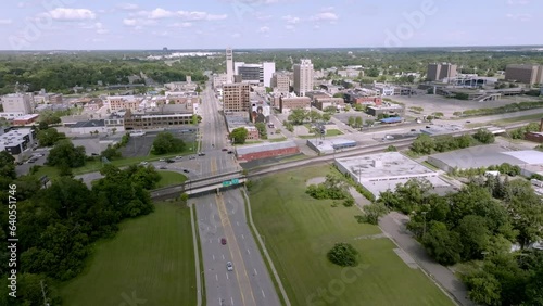 Pontiac, Michigan downtown skyline with drone video wide shot stable. photo