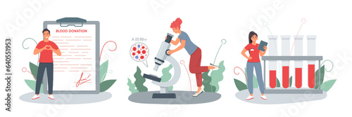 Happy smiling man standing next to document with signature. Woman examining blood group through microscope. Doctor checking blood in flask. Flat vector illustration in cartoon style