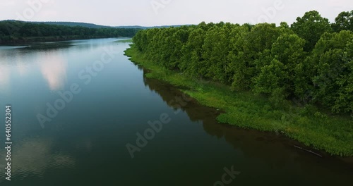 Beautiful aerial drone view of Spadra park, Arkansas river, peaceful still water photo