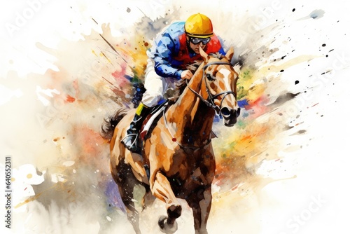 Horse jockey on a race, digital watercolor painting. Abstract racing horse with jockey from splash of watercolors, AI Generated