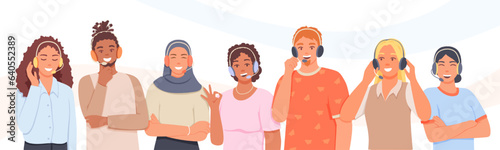 Set of different young female and male workers in headphones consult clients, giving advices. Work of call center operators and multinational consultants. Flat vector illustration in cartoon style