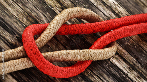 Tied ropes standing on wooden background. 3D illustration
