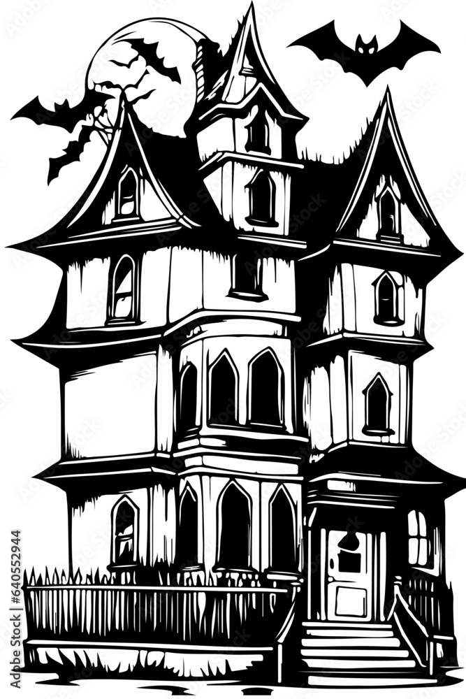 Halloween Scary house sketch with tree and bats Hand Drawn Sketch Vector background. illustration for your design.