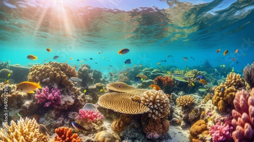 Colorful Coral Reef and diverse marine life. AI generated © PandaStockArt