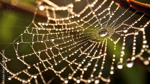 Intricate Spider Web in Morning Dew with delicate water droplets. AI generated