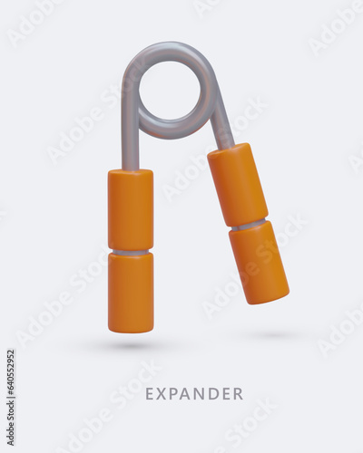 Hand trainer, expander. Vertical poster with realistic image. Restoration of hand strength. 3D image with shadow. Layout with place for text, logo, contacts