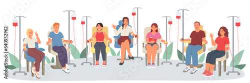 Set of group of men and women sitting in ward and donating blood. Social active youth. Lifesaving impact of blood. Vector flat illustration in red and blue colors