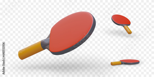 3D red racket for table tennis. Paddle for ping pong. Set of vector illustrations. Colored sports icons. Object in different positions. Game on coordination of movements