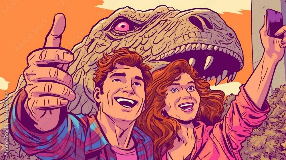 Happy couple taking a selfie in front of a dinosaur. Fantasy concept , Illustration painting.