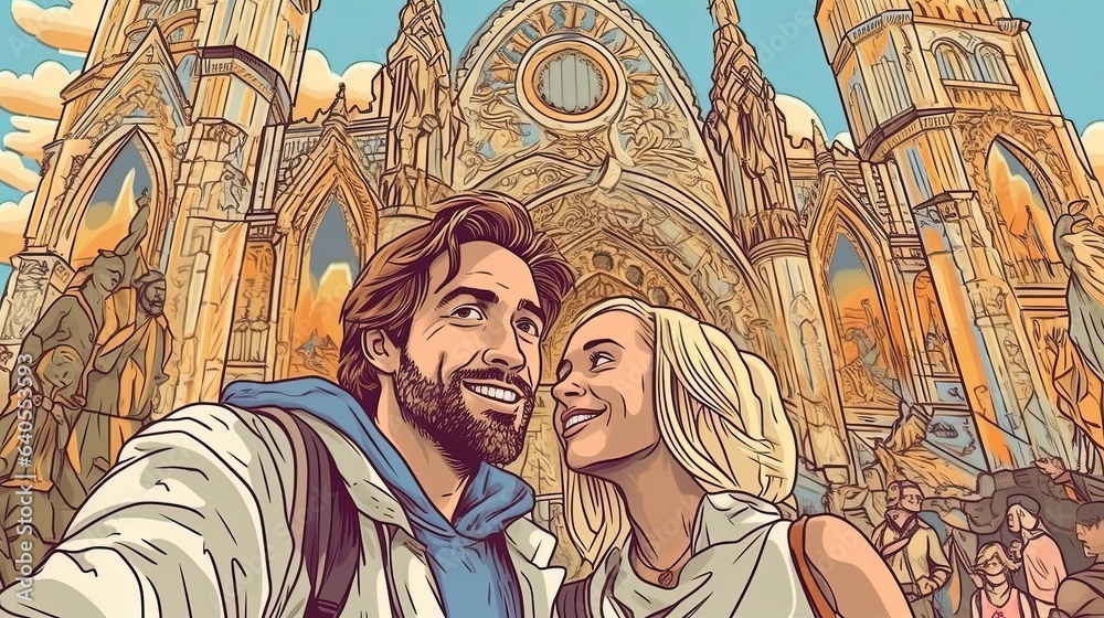 Happy couple taking a selfie in front of a landmark. Fantasy concept , Illustration painting. - obrazy, fototapety, plakaty 