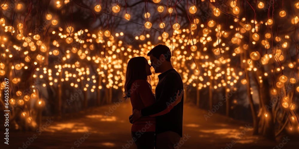 AI Generated. AI Generative. Couple hug each other at night with light glowing. Romantic love Valentines day relationships background. Graphic Art