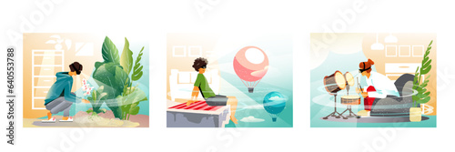 Female in VR glasses looking at exotic plants. Lady looking at aero stats. Creative musician playing drums in virtual reality. Flat vector illustration in cartoon style