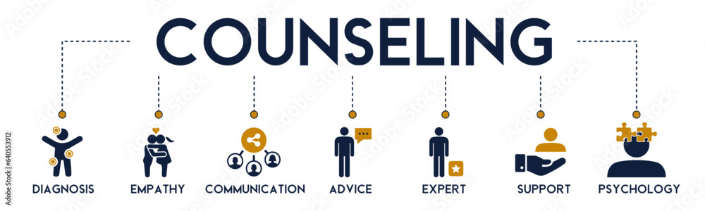Counseling banner website icons vector illustration concept with an icons of diagnosis, empathy, communication, advice, expert, support and psychology on white background Counseling banner website icons vector illustration concept with an icons of diagnosis, empathy, communication, advice, expert, support and psychology on white background